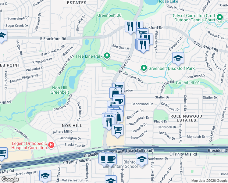 map of restaurants, bars, coffee shops, grocery stores, and more near 1901 Haymeadow in Carrollton