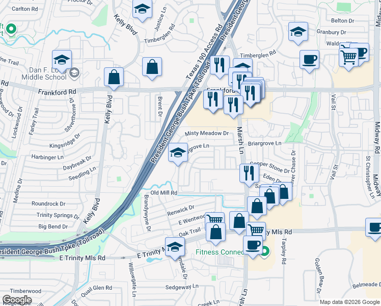 map of restaurants, bars, coffee shops, grocery stores, and more near 3488 Briargrove Lane in Dallas