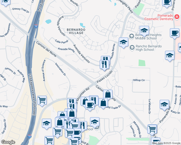 map of restaurants, bars, coffee shops, grocery stores, and more near 12039 Alta Carmel Court in San Diego