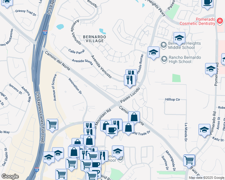 map of restaurants, bars, coffee shops, grocery stores, and more near 12047 Alta Carmel Court in San Diego