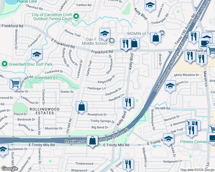map of restaurants, bars, coffee shops, grocery stores, and more near 2503 Harbinger Lane in Dallas