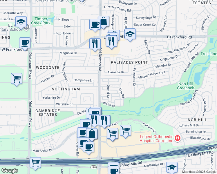 map of restaurants, bars, coffee shops, grocery stores, and more near 1012 Peacock Boulevard in Carrollton