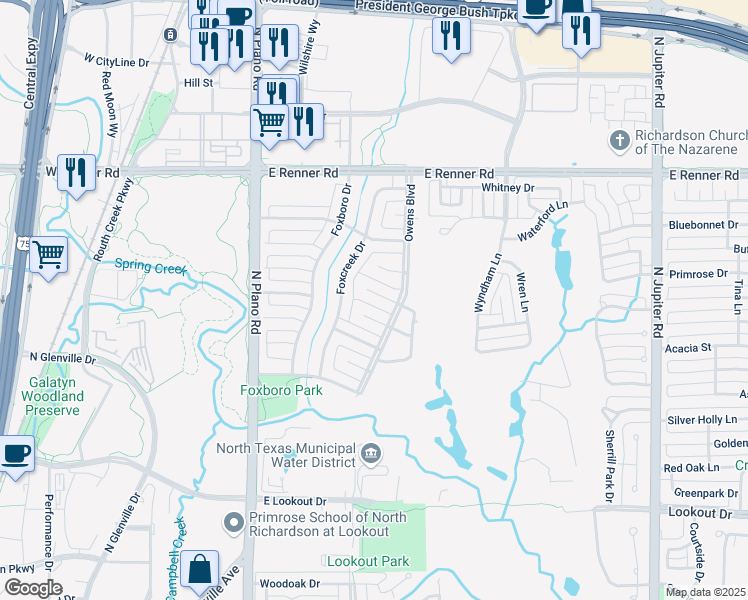 map of restaurants, bars, coffee shops, grocery stores, and more near 1508 Ambleside Ln in Richardson