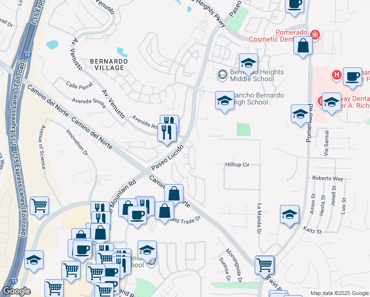map of restaurants, bars, coffee shops, grocery stores, and more near 15086 Avenida Venusto in San Diego