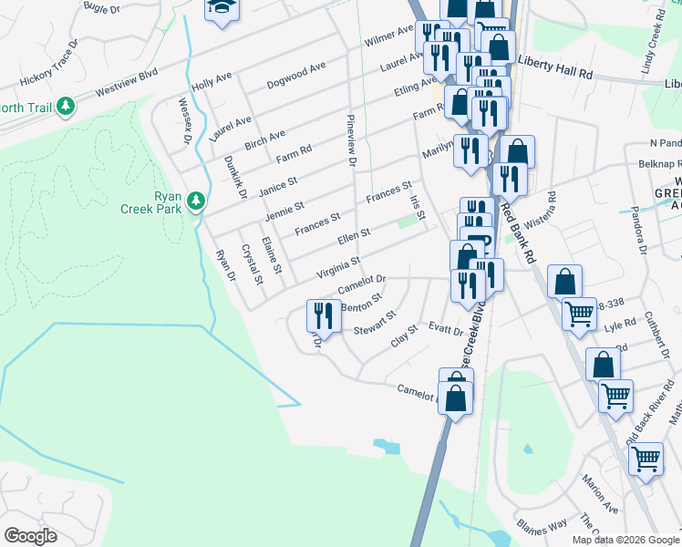 map of restaurants, bars, coffee shops, grocery stores, and more near 205 Virginia Street in Goose Creek