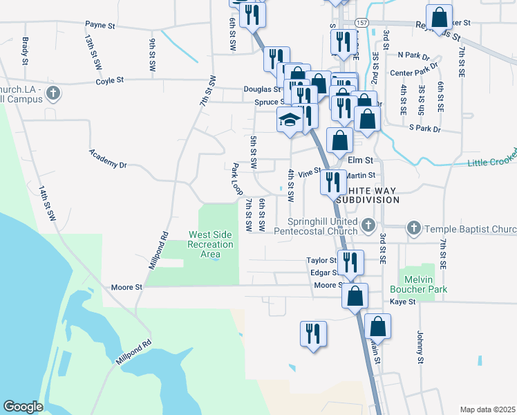 map of restaurants, bars, coffee shops, grocery stores, and more near 1105 6th Street Southwest in Springhill
