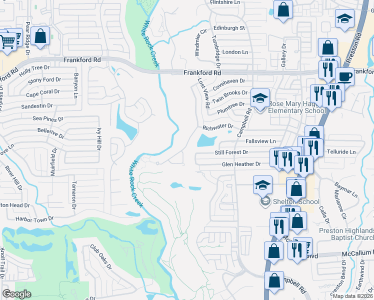 map of restaurants, bars, coffee shops, grocery stores, and more near 17704 Cedar Creek Canyon Drive in Dallas