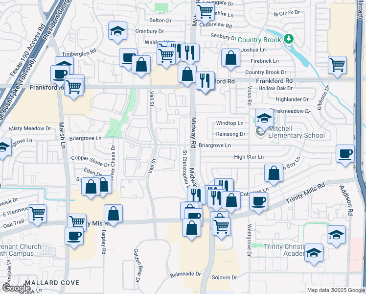 map of restaurants, bars, coffee shops, grocery stores, and more near 4002 Briargrove Lane in Dallas