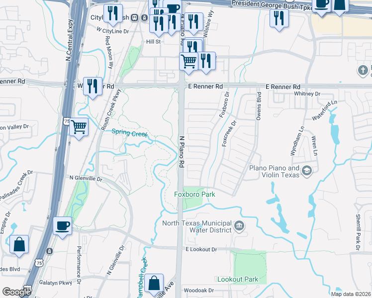 map of restaurants, bars, coffee shops, grocery stores, and more near 1400 Scottsboro Lane in Richardson