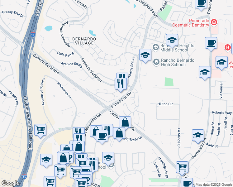 map of restaurants, bars, coffee shops, grocery stores, and more near 12125 Alta Carmel Court in San Diego