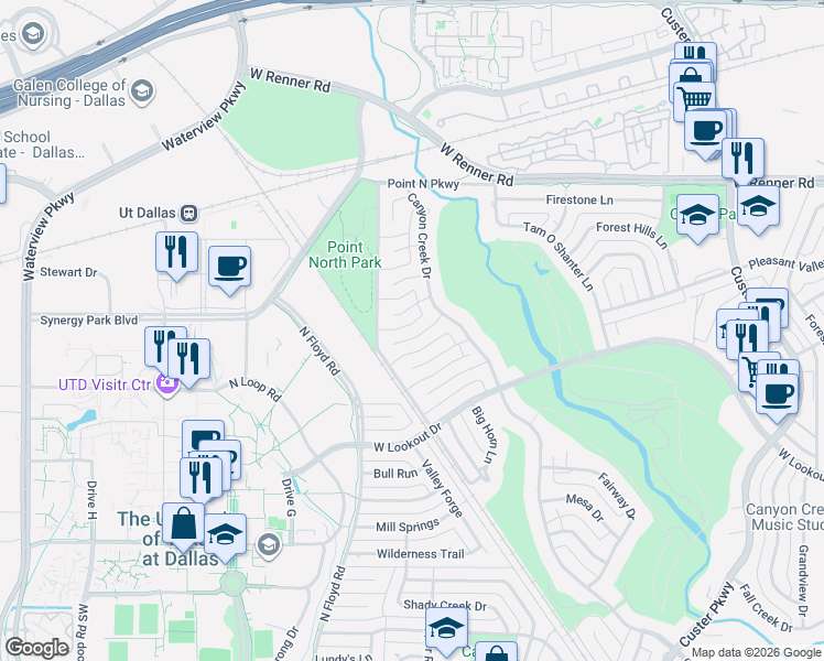 map of restaurants, bars, coffee shops, grocery stores, and more near 14 High Mesa Place in Richardson