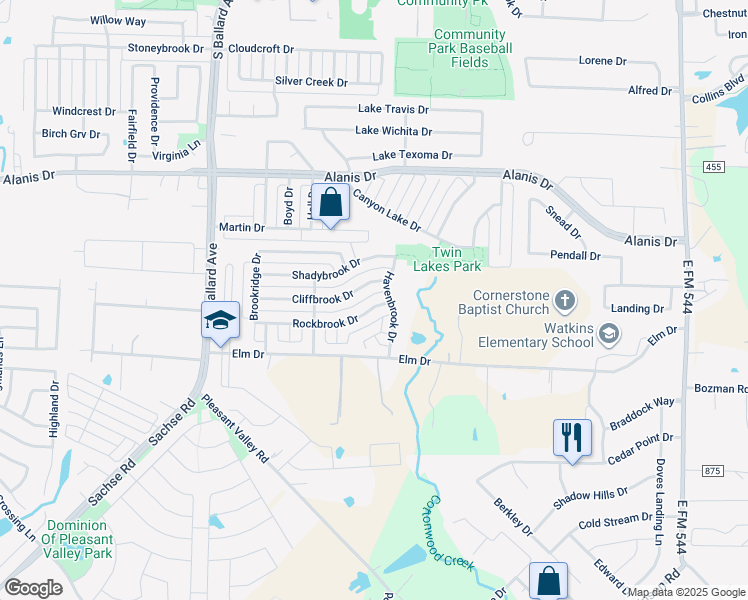 map of restaurants, bars, coffee shops, grocery stores, and more near 223 Rockbrook Drive in Wylie