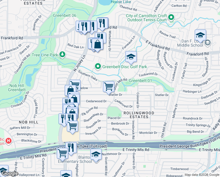map of restaurants, bars, coffee shops, grocery stores, and more near 2038 Wildrose in Carrollton
