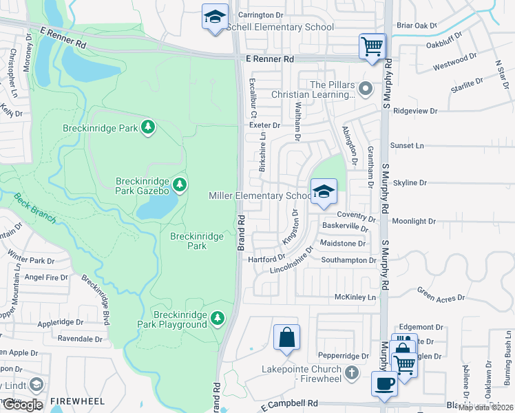 map of restaurants, bars, coffee shops, grocery stores, and more near 5407 Larchmont Drive in Richardson