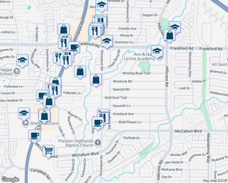 map of restaurants, bars, coffee shops, grocery stores, and more near 6606 Sawmill Road in Dallas