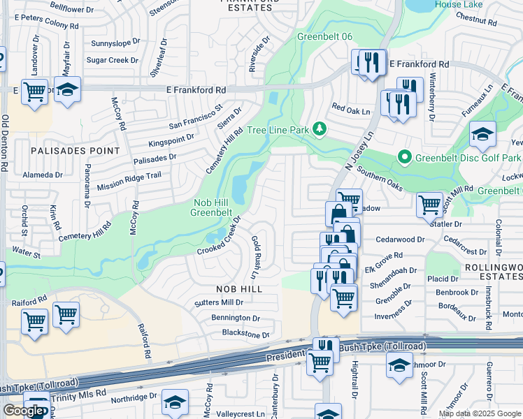 map of restaurants, bars, coffee shops, grocery stores, and more near 2820 Sausalito Drive in Carrollton