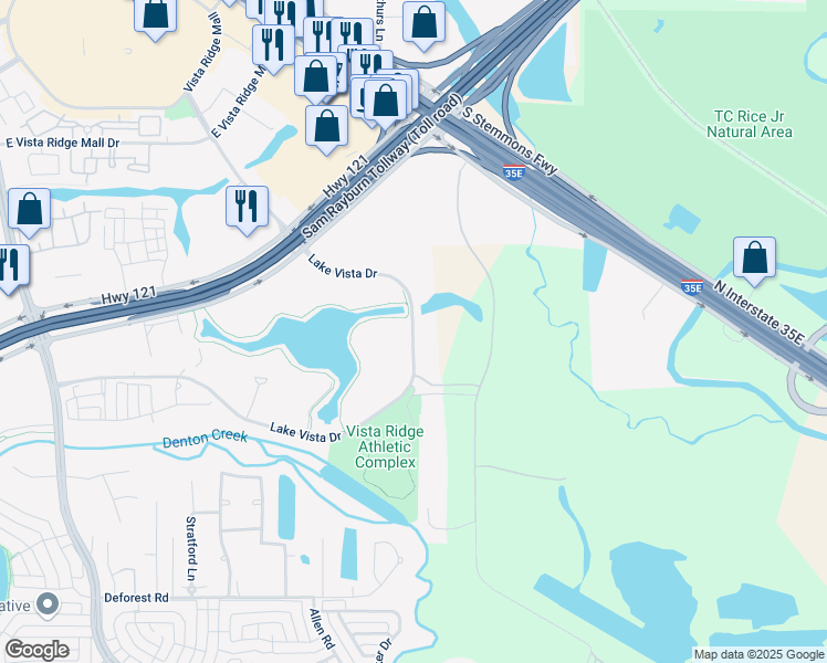 map of restaurants, bars, coffee shops, grocery stores, and more near 2777 Lake Vista Drive in Lewisville