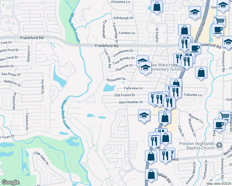 map of restaurants, bars, coffee shops, grocery stores, and more near 5735 Fallsview Lane in Dallas