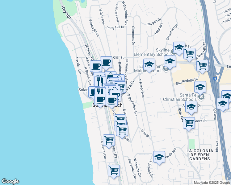 map of restaurants, bars, coffee shops, grocery stores, and more near 124 Lomas Santa Fe Drive in Solana Beach