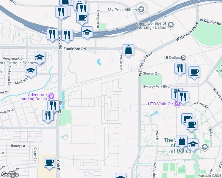 map of restaurants, bars, coffee shops, grocery stores, and more near 8238 Primrose Way in Dallas