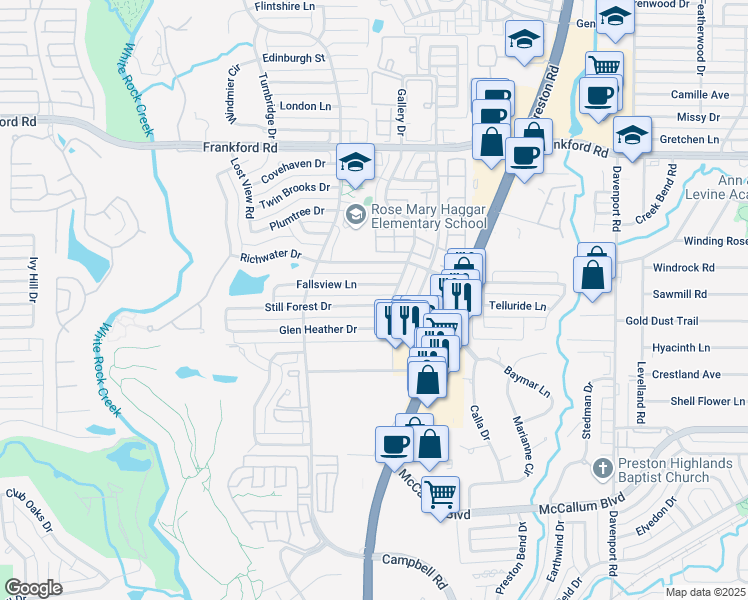 map of restaurants, bars, coffee shops, grocery stores, and more near 6017 Still Forest Drive in Dallas