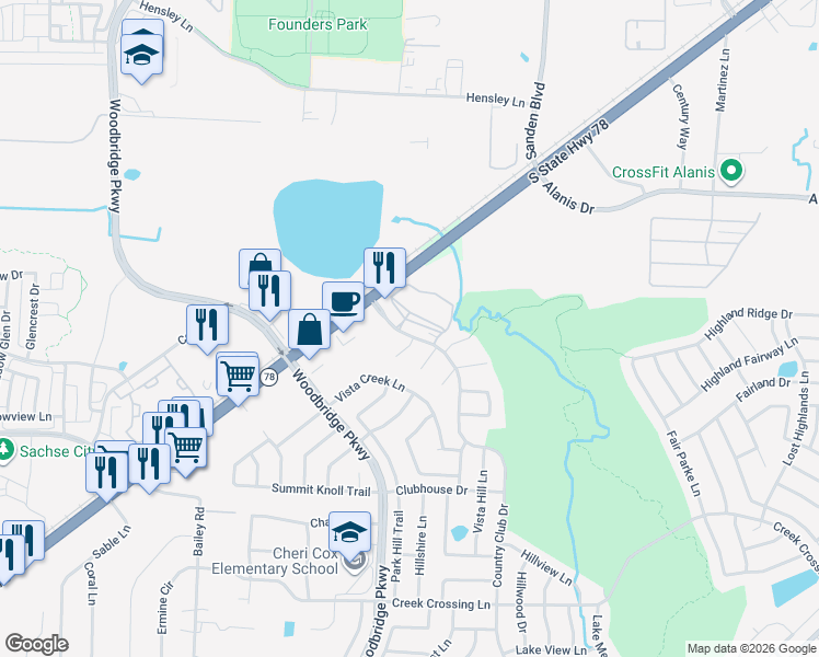 map of restaurants, bars, coffee shops, grocery stores, and more near 7924 Country Club Drive in Sachse