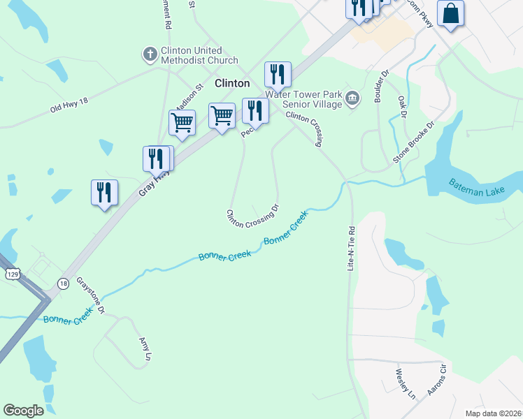 map of restaurants, bars, coffee shops, grocery stores, and more near 104 Clinton Crossing Lane in Gray