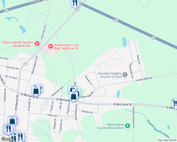 map of restaurants, bars, coffee shops, grocery stores, and more near 737 Royal Lane in Sandersville