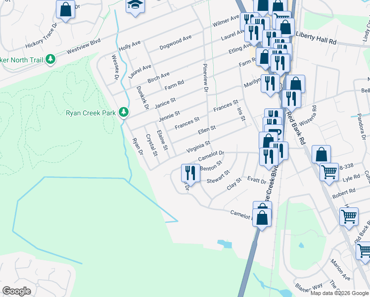 map of restaurants, bars, coffee shops, grocery stores, and more near 212 Virginia Street in Goose Creek