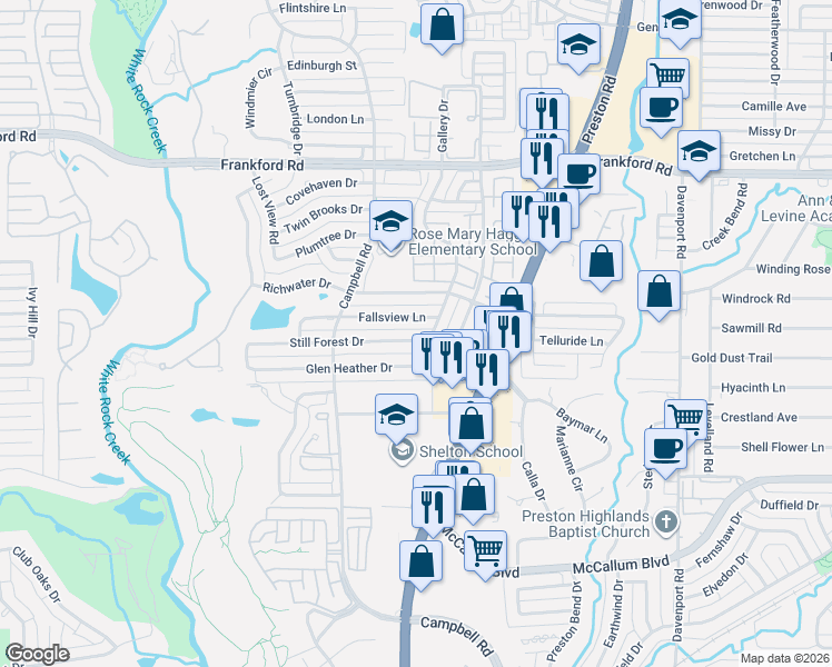 map of restaurants, bars, coffee shops, grocery stores, and more near 6021 Still Forest Drive in Dallas