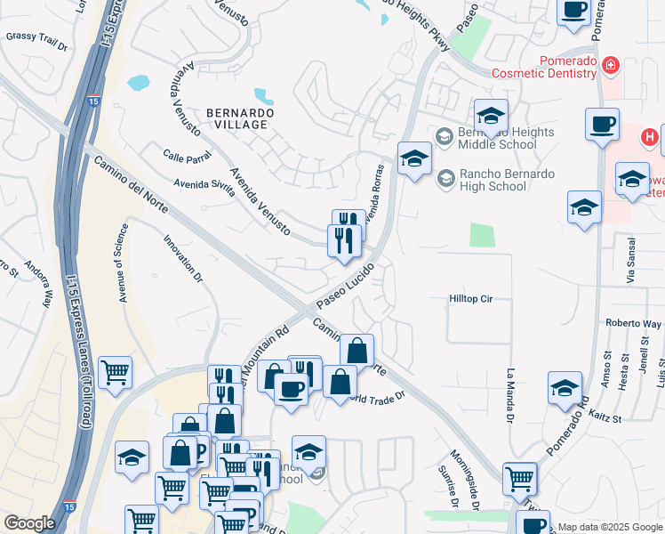 map of restaurants, bars, coffee shops, grocery stores, and more near 12125 Alta Carmel Court in San Diego