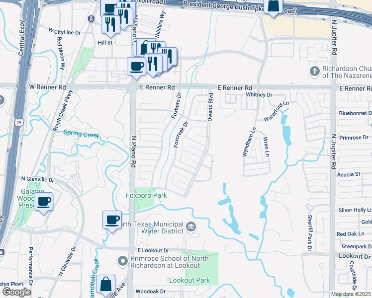 map of restaurants, bars, coffee shops, grocery stores, and more near 1508 Ambleside Lane in Richardson