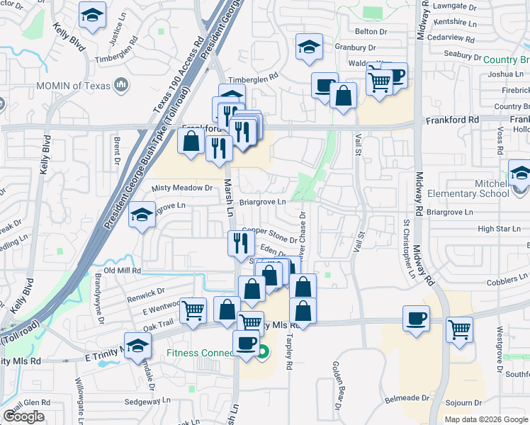 map of restaurants, bars, coffee shops, grocery stores, and more near 17811 Cypress Falls Drive in Dallas