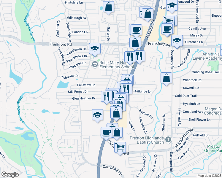 map of restaurants, bars, coffee shops, grocery stores, and more near 17627 Sunmeadow Drive in Dallas