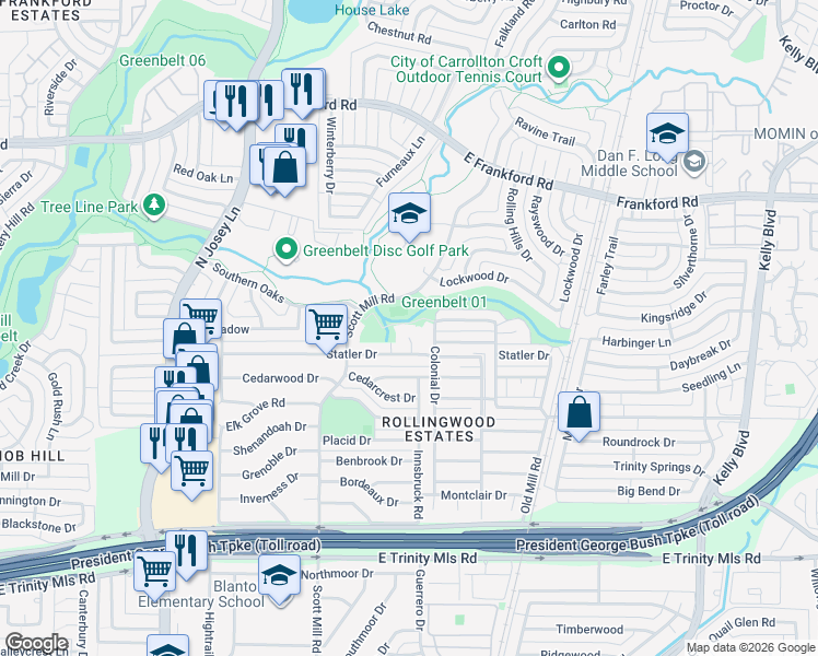map of restaurants, bars, coffee shops, grocery stores, and more near 2125 Statler Pl in Carrollton