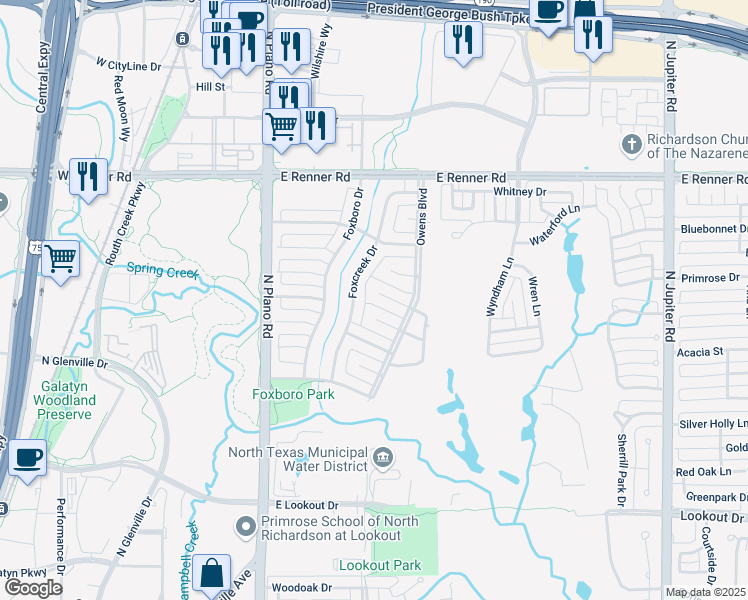 map of restaurants, bars, coffee shops, grocery stores, and more near 1508 Ambleside Lane in Richardson