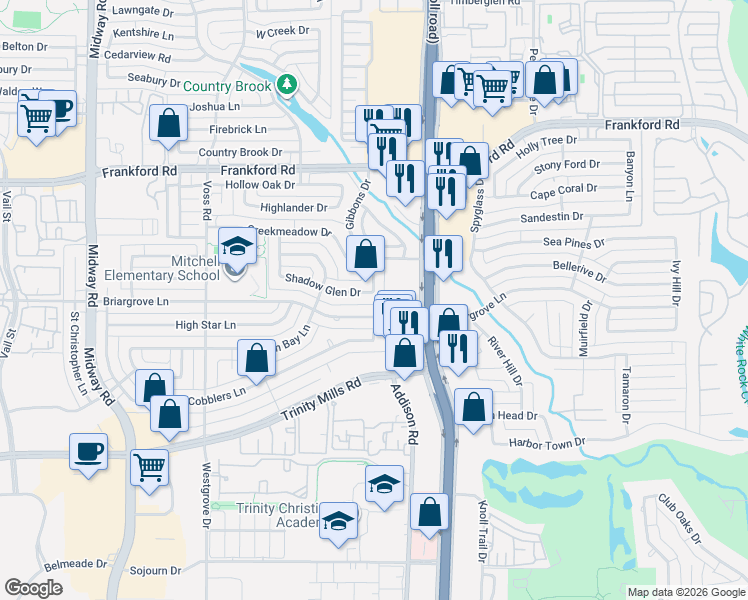 map of restaurants, bars, coffee shops, grocery stores, and more near 4439 Shadow Glen Drive in Dallas