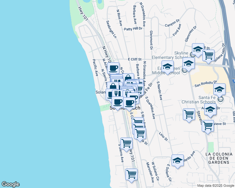 map of restaurants, bars, coffee shops, grocery stores, and more near 135 North Highway 101 in Solana Beach