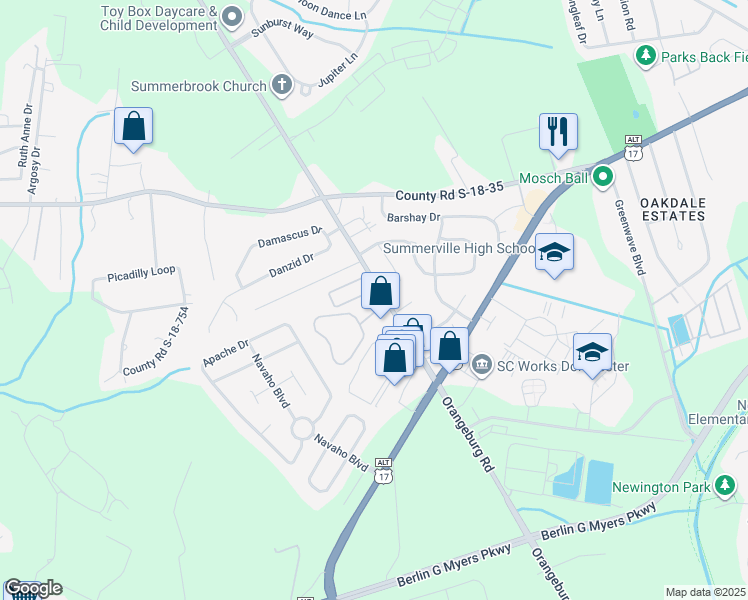 map of restaurants, bars, coffee shops, grocery stores, and more near 553 Orangeburg Road in Summerville