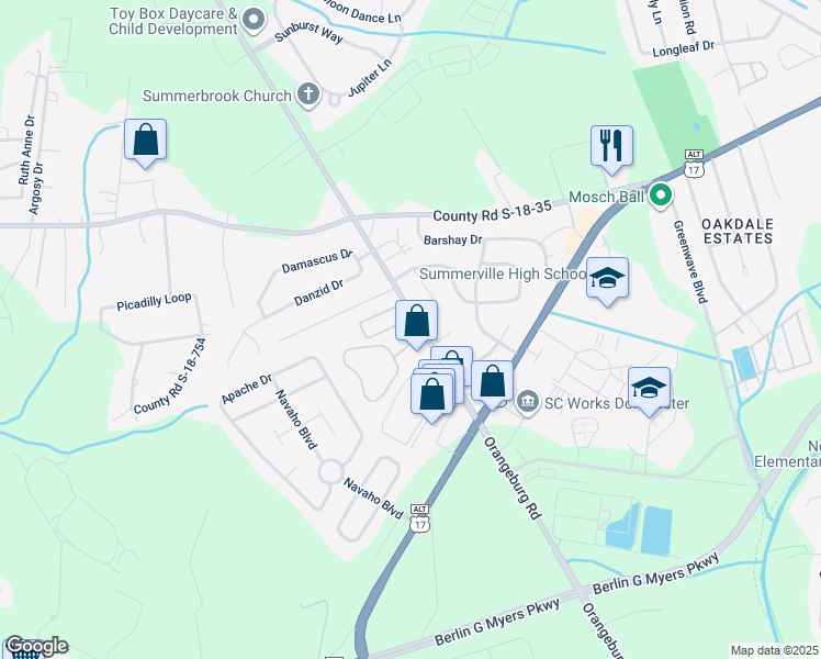 map of restaurants, bars, coffee shops, grocery stores, and more near 553 Orangeburg Road in Summerville