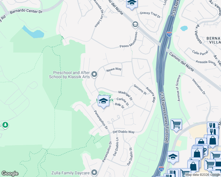 map of restaurants, bars, coffee shops, grocery stores, and more near 11052 Madrigal Street in San Diego