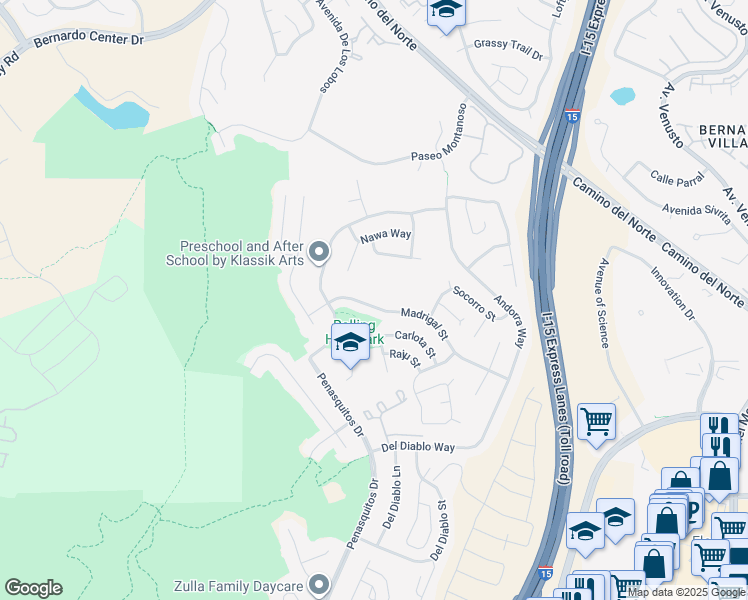 map of restaurants, bars, coffee shops, grocery stores, and more near 11052 Madrigal Street in San Diego