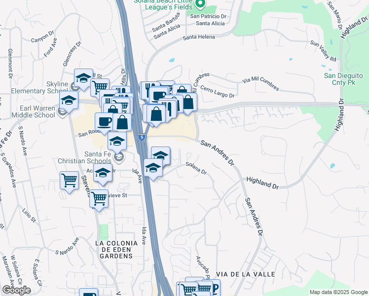 map of restaurants, bars, coffee shops, grocery stores, and more near 1050 Solana Drive in Del Mar