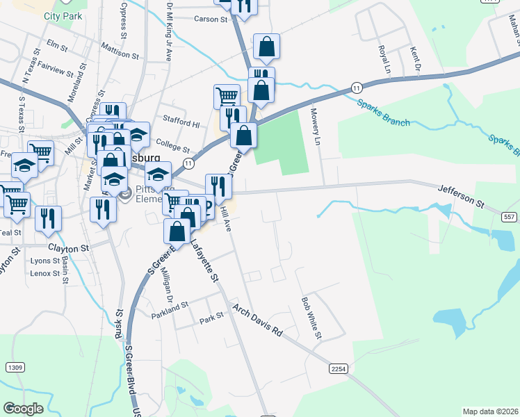 map of restaurants, bars, coffee shops, grocery stores, and more near 15 Pecan Boulevard in Pittsburg