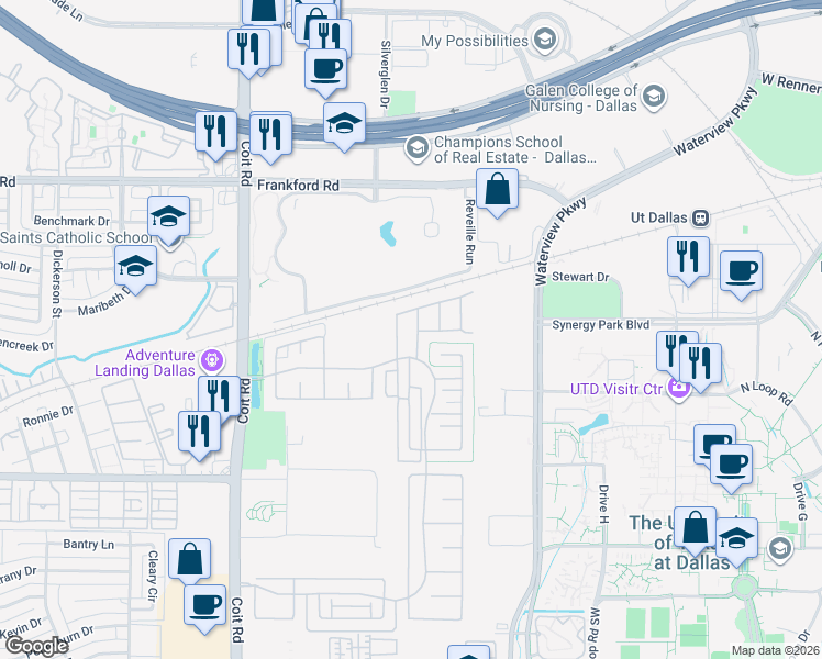 map of restaurants, bars, coffee shops, grocery stores, and more near 17735 Sage Lane in Dallas