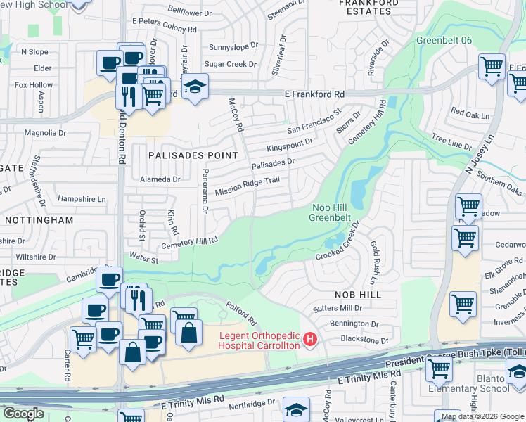 map of restaurants, bars, coffee shops, grocery stores, and more near 1602 Cemetery Hill Road in Carrollton