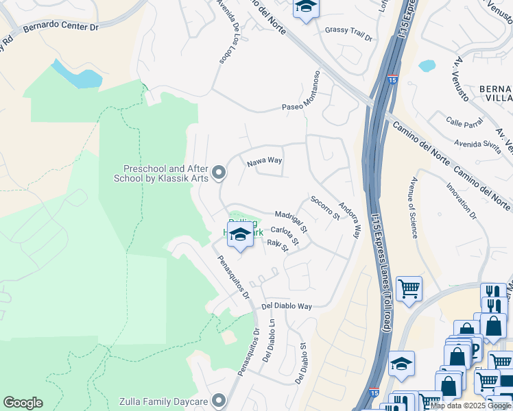 map of restaurants, bars, coffee shops, grocery stores, and more near 11052 Madrigal Street in San Diego