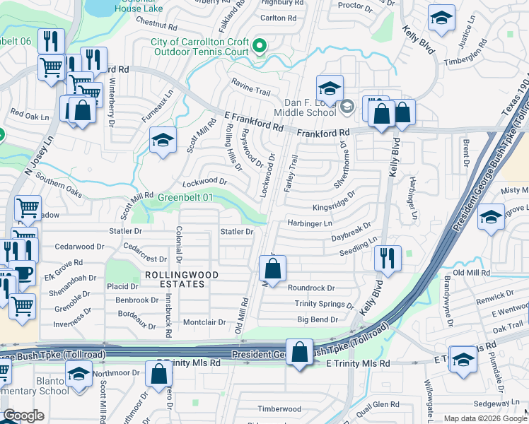 map of restaurants, bars, coffee shops, grocery stores, and more near 2900 Lockwood Dr in Carrollton
