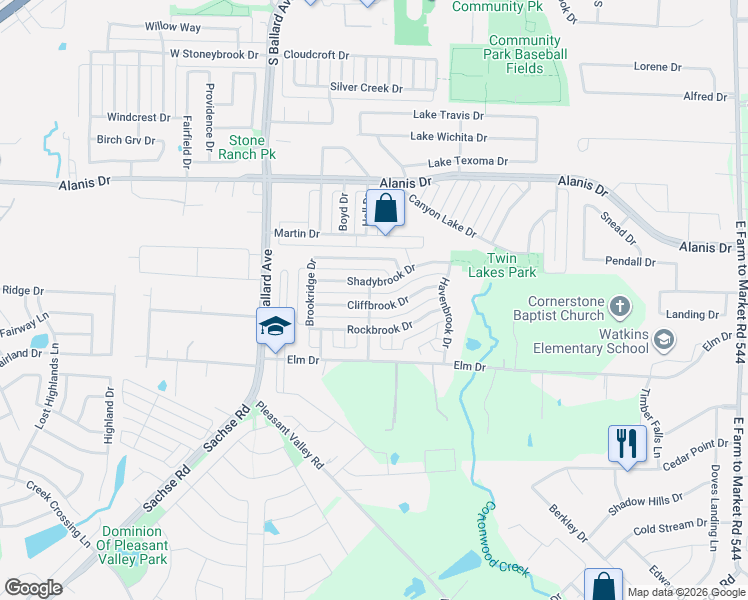 map of restaurants, bars, coffee shops, grocery stores, and more near 204 Cliffbrook Drive in Wylie