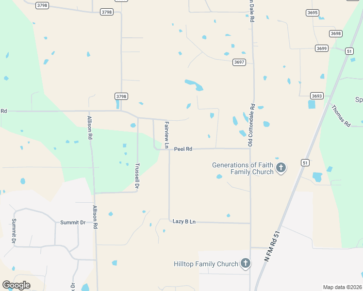 map of restaurants, bars, coffee shops, grocery stores, and more near 502 Peel Road in Springtown